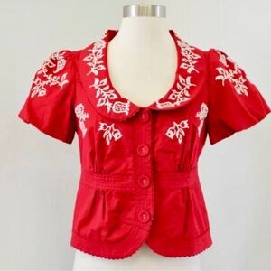 Elevenses Matterhorn Red button jacket with White Embroidery Sz 4